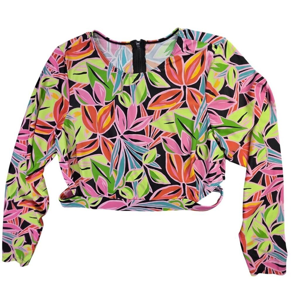 Wild Fable Top Womens XL Pink Floral Long Sleeve Cropped Shirt Festive Boho Hip